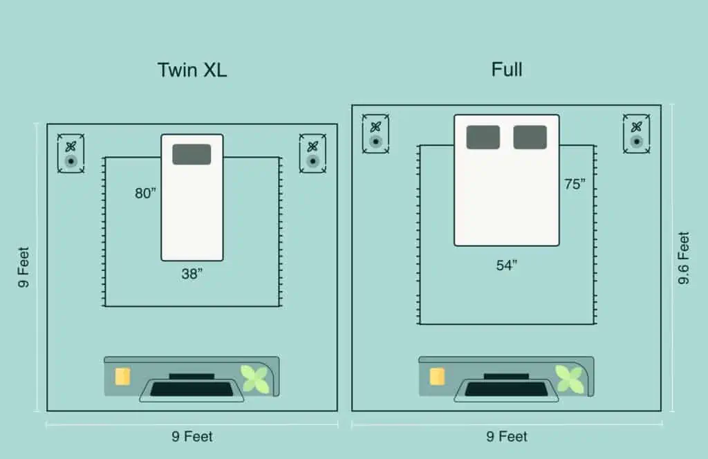 twin xl vs full room dimensions illustration