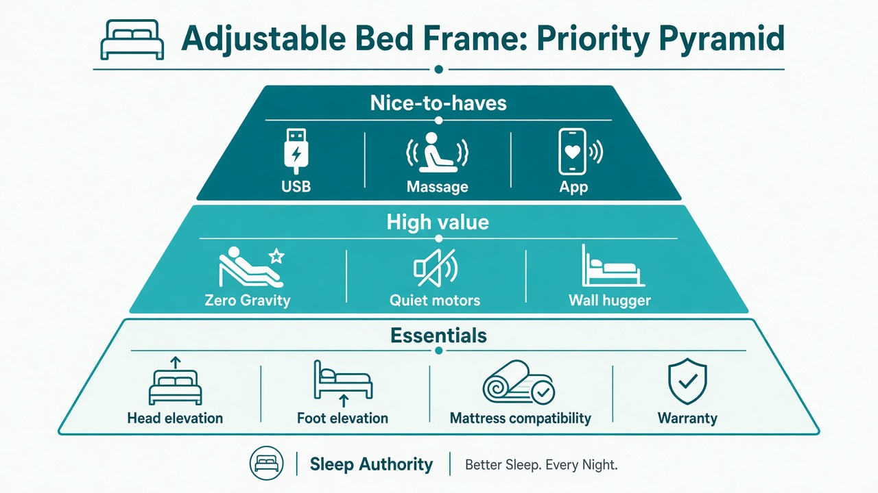 Adjustable bed frame feature priority pyramid infographic