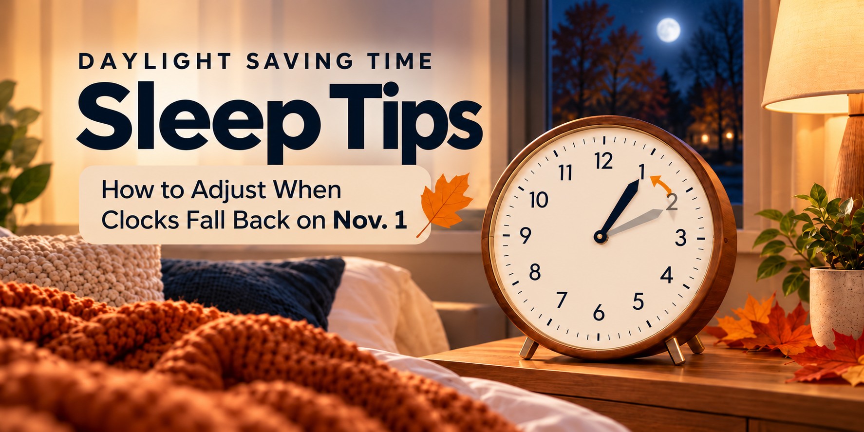 Cozy Autumn Sleep Tips Graphic Daylight Saving Time Sleep Tips: How to Adjust When Clocks Fall Back on Nov. 1